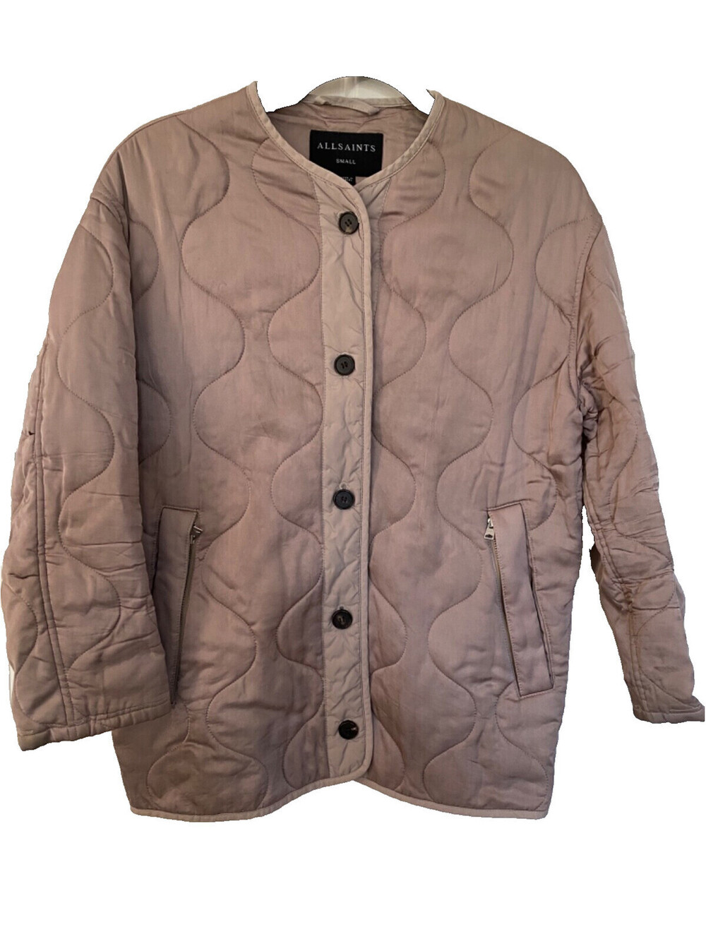 AllSaints Hayes Satin Quilted Jacket Size Small Dusty Pink Coat Horn Buttons